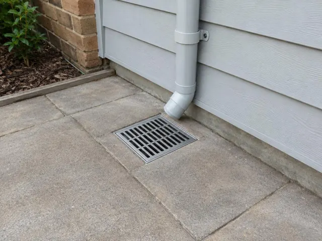 Outdoor gully grate beside a downpipe on paved patio with brick and weatherboard walls in Caringbah South