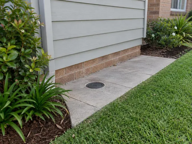 Flush circular access cap set in concrete paving beside a house wall and garden in Gymea Bay