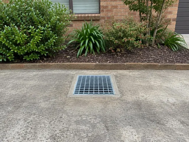 Square stormwater grate seated flush in a driveway beside garden beds in Sylvania